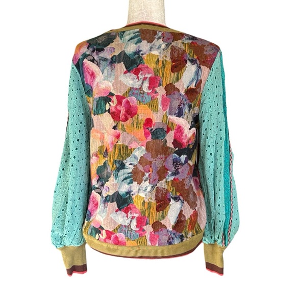 Anthropologie Bl^nk Contrast Eyelet Puff Sleeve Pullover Top in Turquoise - S - Picture 10 of 16